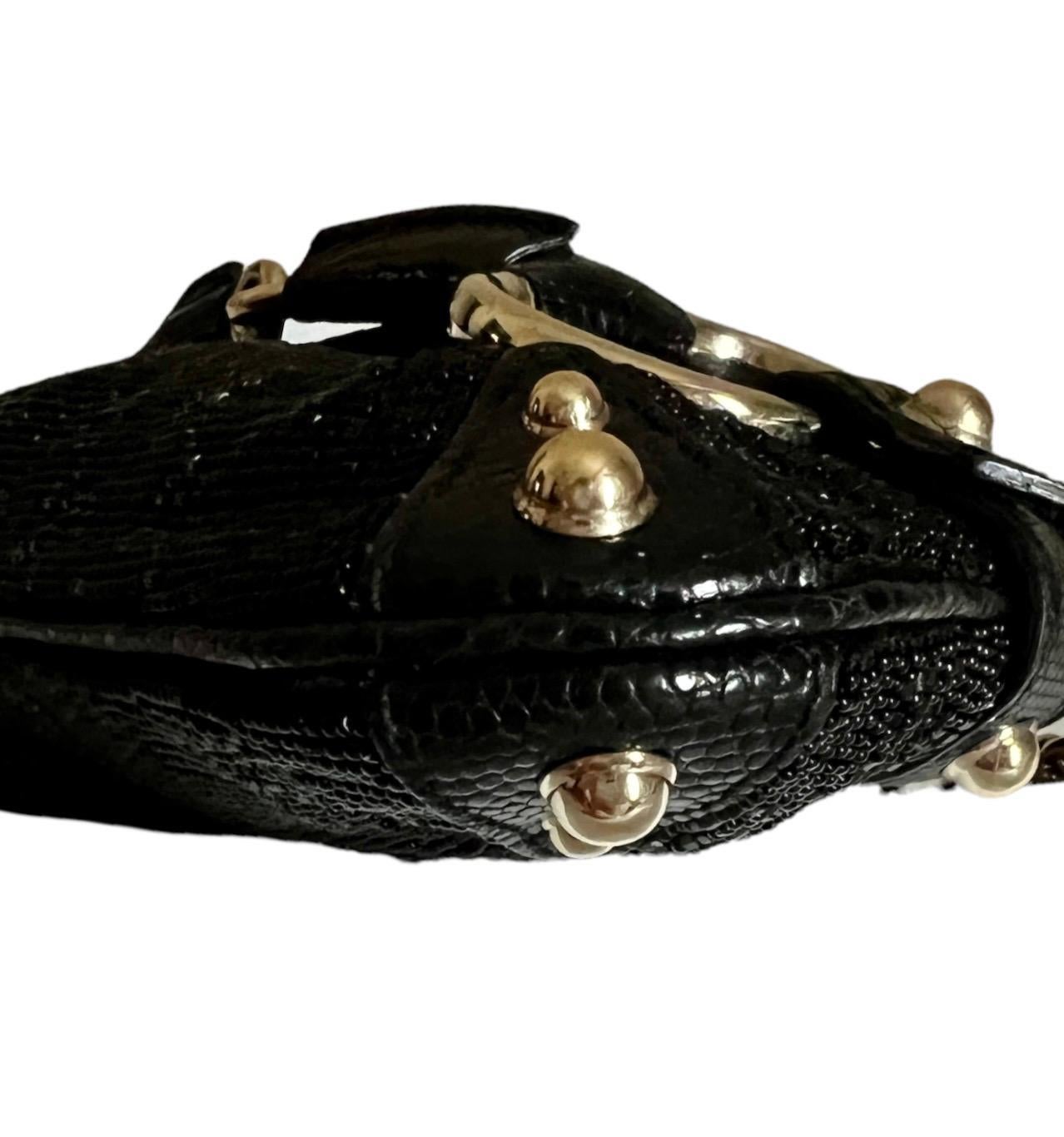 Gucci Tom Ford Black Monogram Beaded Crystal Lizard Bamboo Horsebit Clutch Bag en vente 2