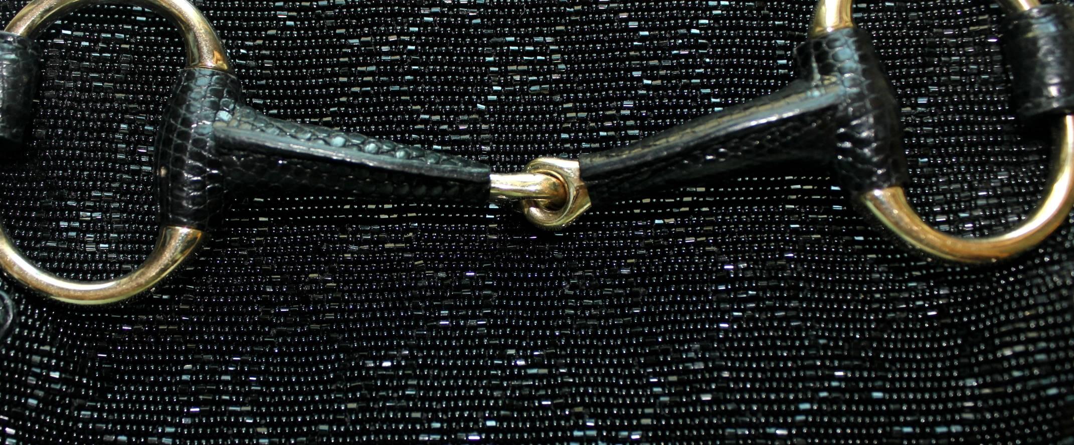 Gucci Tom Ford Black Monogram Beaded Crystal Lizard Bamboo Horsebit Clutch Bag en vente 3