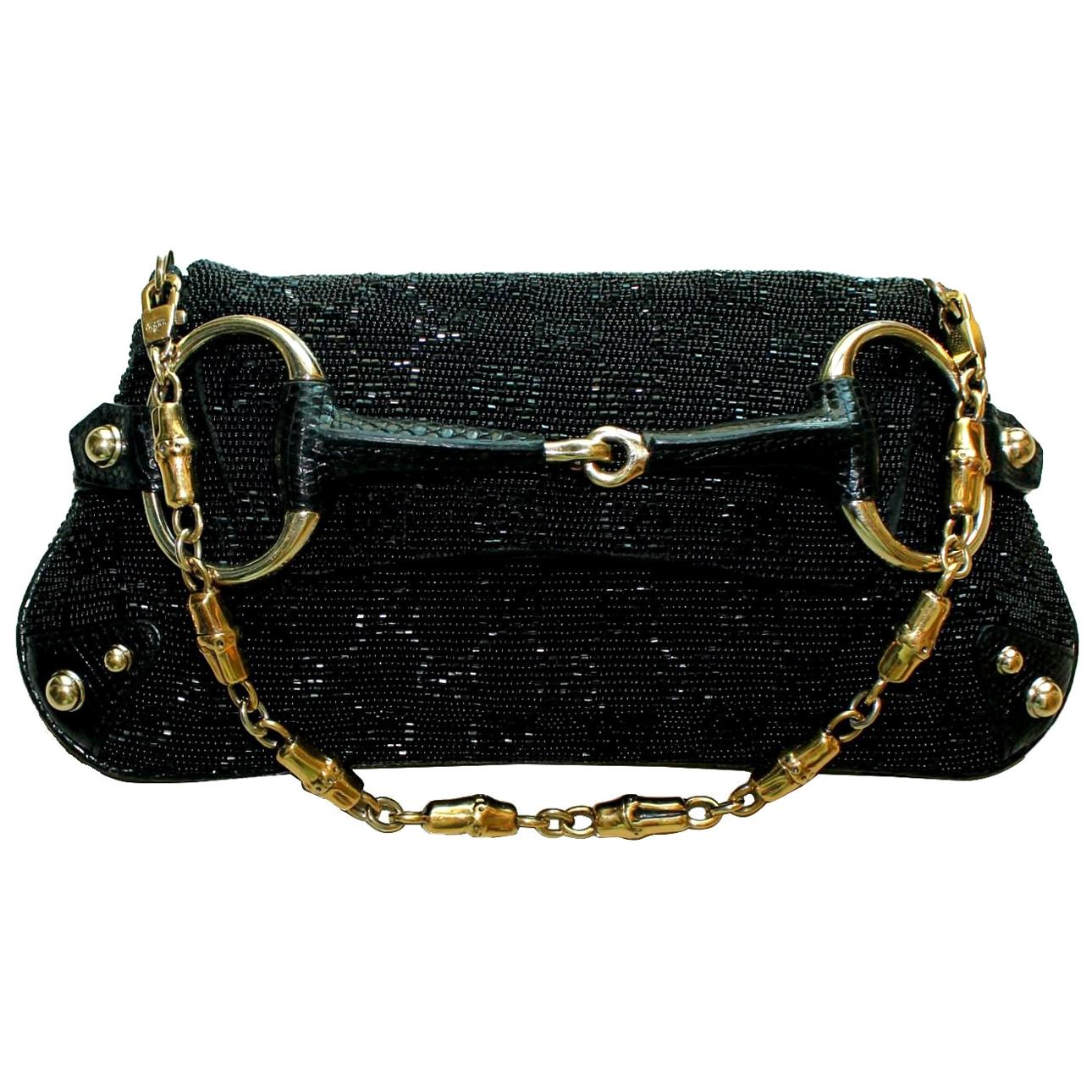 Gucci Tom Ford Black Monogram Beaded Crystal Lizard Bamboo Horsebit Clutch Bag For Sale