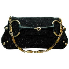 Used Gucci Tom Ford Black Monogram Beaded Crystal Lizard Bamboo Horsebit Clutch Bag