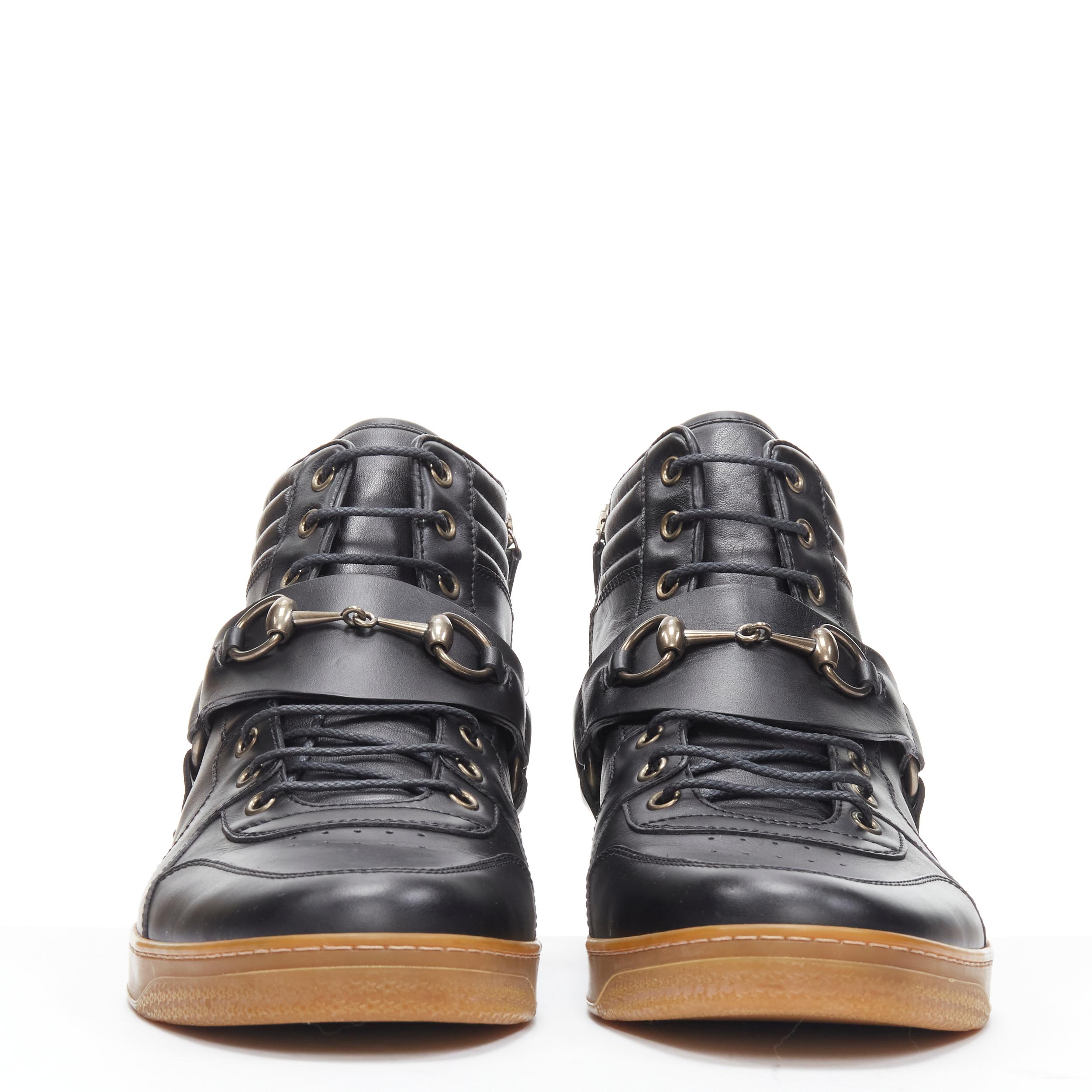 Black rare GUCCI Horsebit harness black leather gum sole high top sneaker UK8 EU42