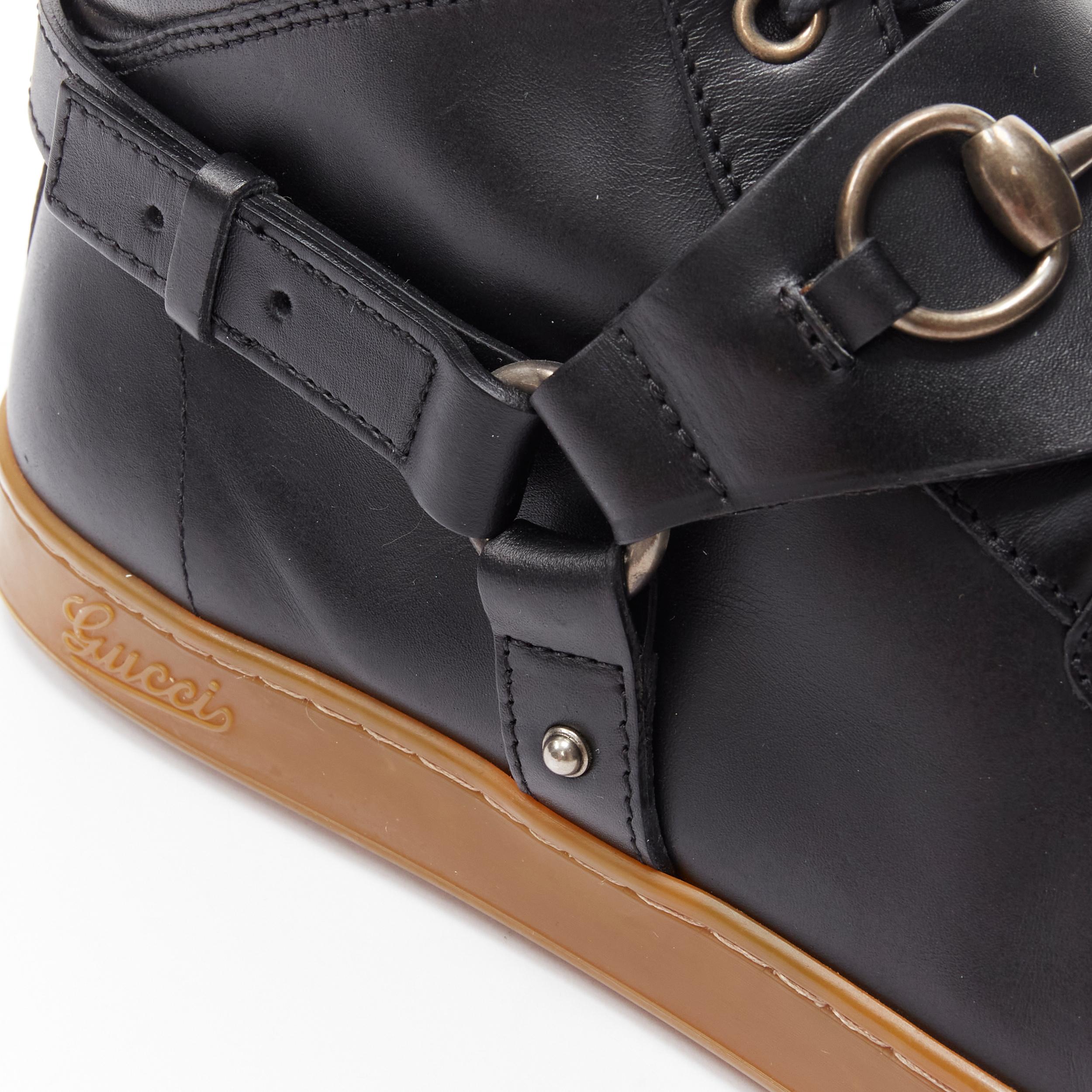 rare GUCCI Horsebit harness black leather gum sole high top sneaker UK8 EU42 2