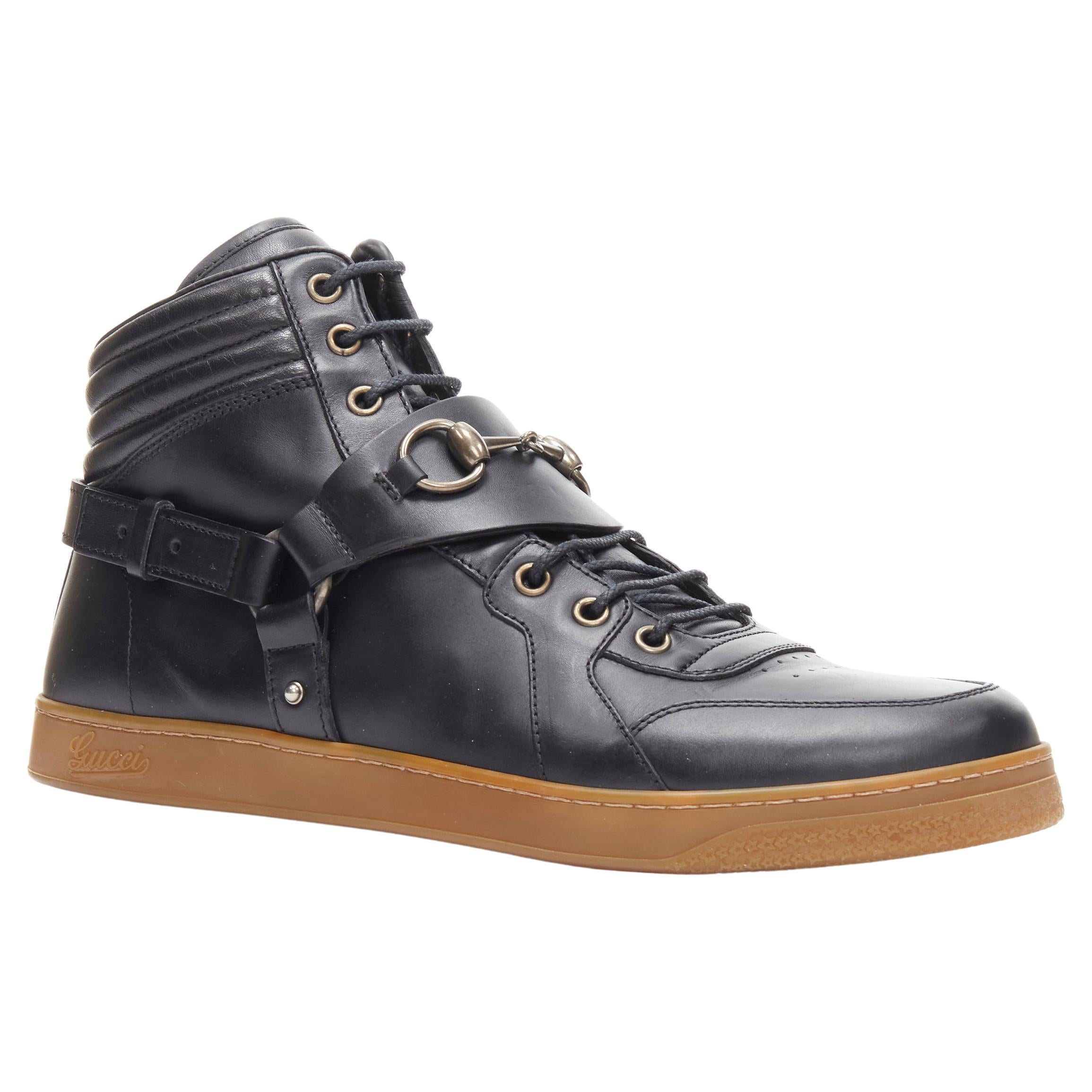 rare GUCCI Horsebit harness black leather gum sole high top sneaker UK8  EU42 at 1stDibs | gucci gum