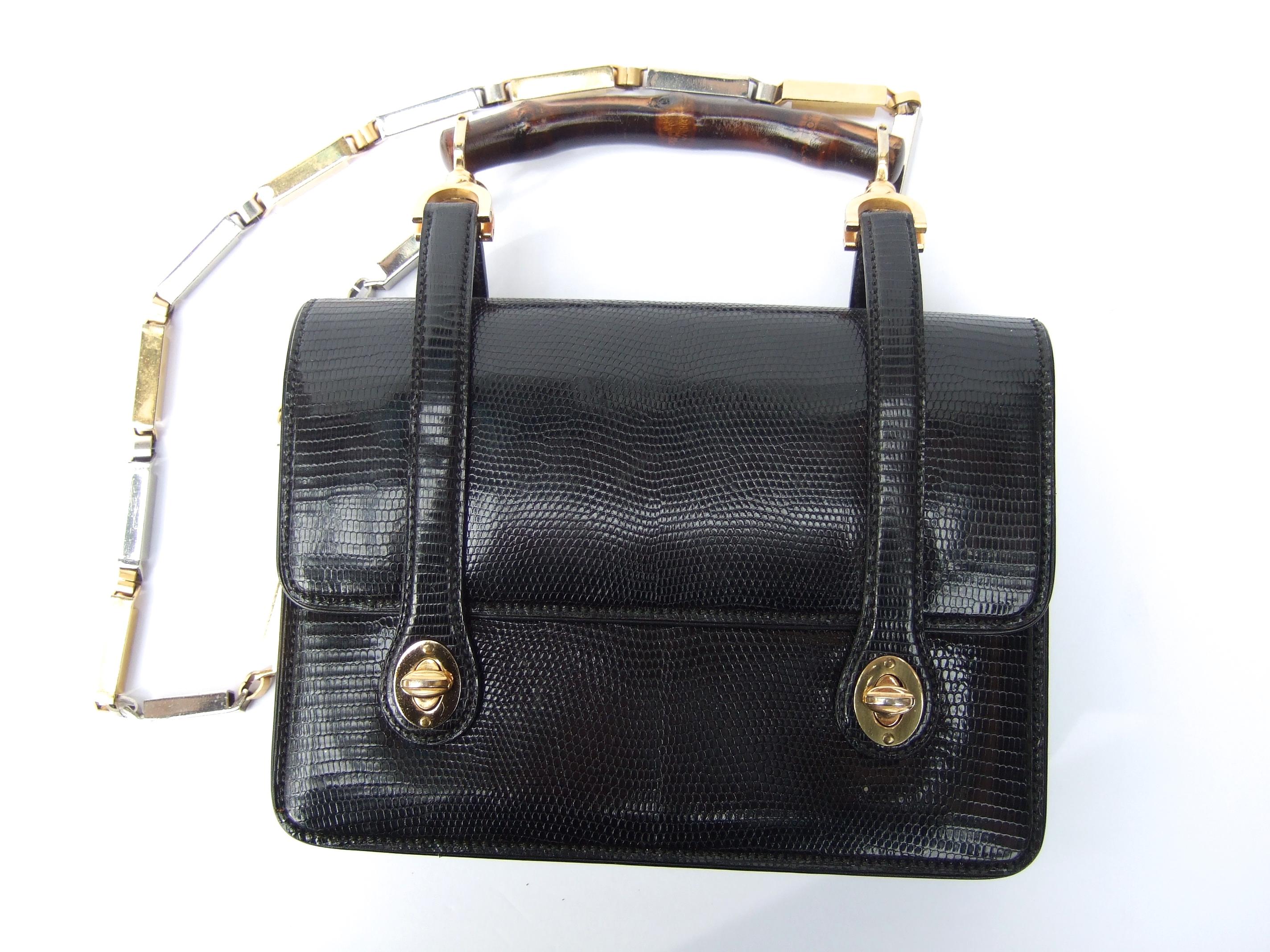 Rare Gucci Italian Black Lizard Leather Handbag - Shoulder Bag c 1970s 5