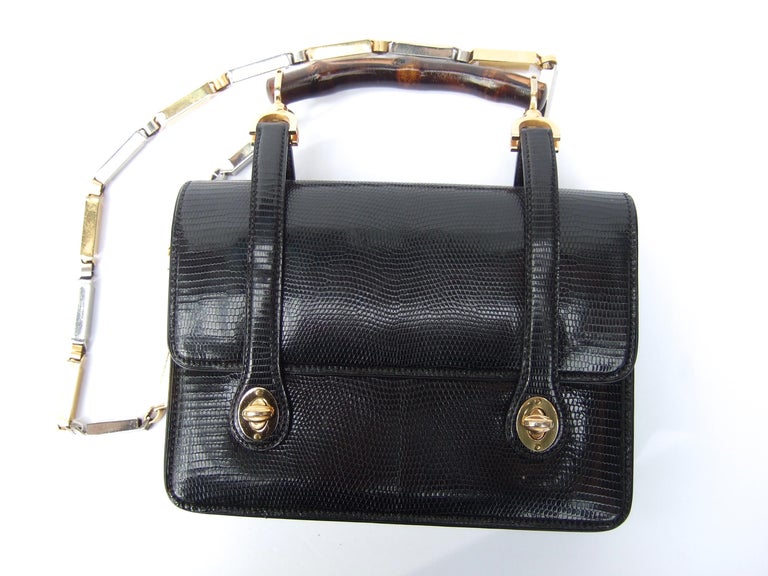 Rare Gucci Italian Black Lizard Leather Handbag - Shoulder Bag c 1970s For Sale 8
