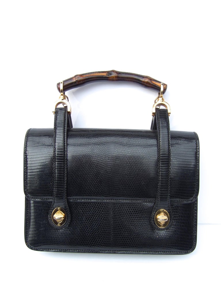 Rare Gucci Italian Black Lizard Leather Handbag - Shoulder Bag c 1970s In Good Condition For Sale In University City, MO