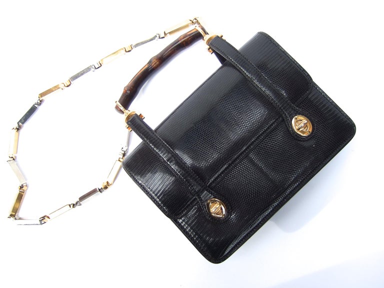 Rare Gucci Italian Black Lizard Leather Handbag - Shoulder Bag c 1970s For Sale 1