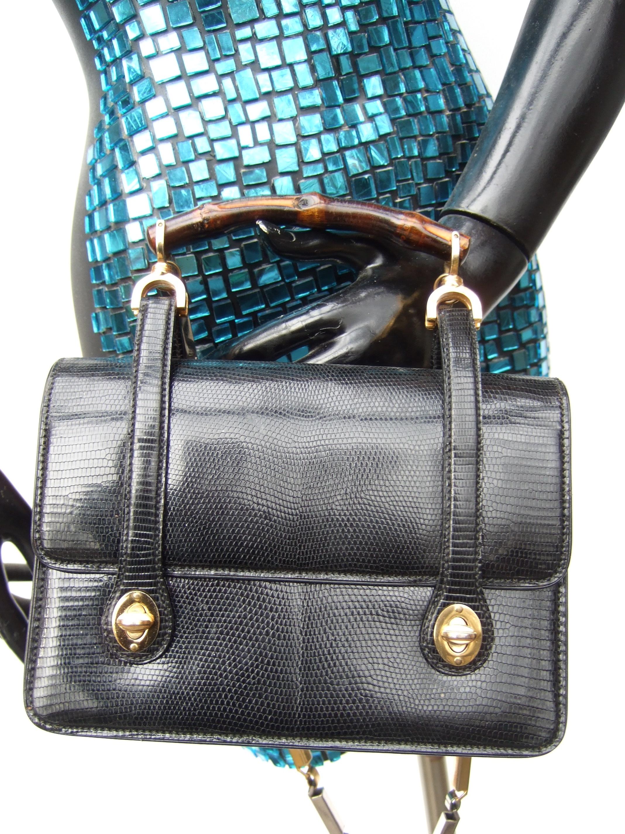 Rare Gucci Italian Black Lizard Leather Handbag - Shoulder Bag c 1970s In Good Condition In University City, MO