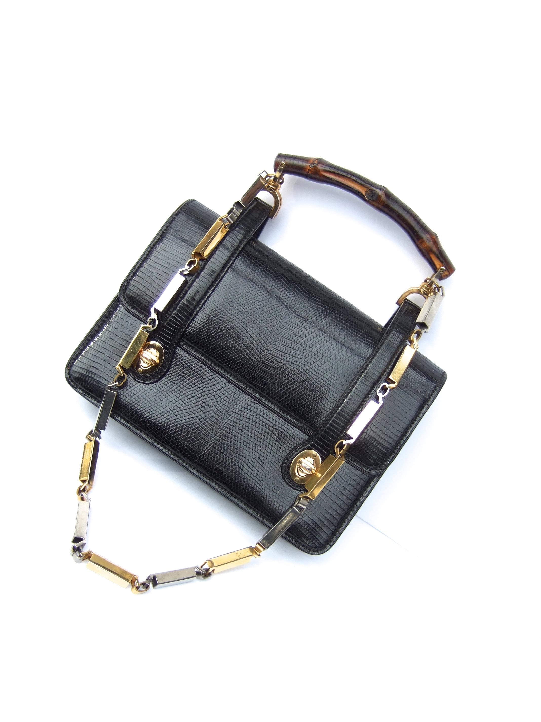 Women's Rare Gucci Italian Black Lizard Leather Handbag - Shoulder Bag c 1970s
