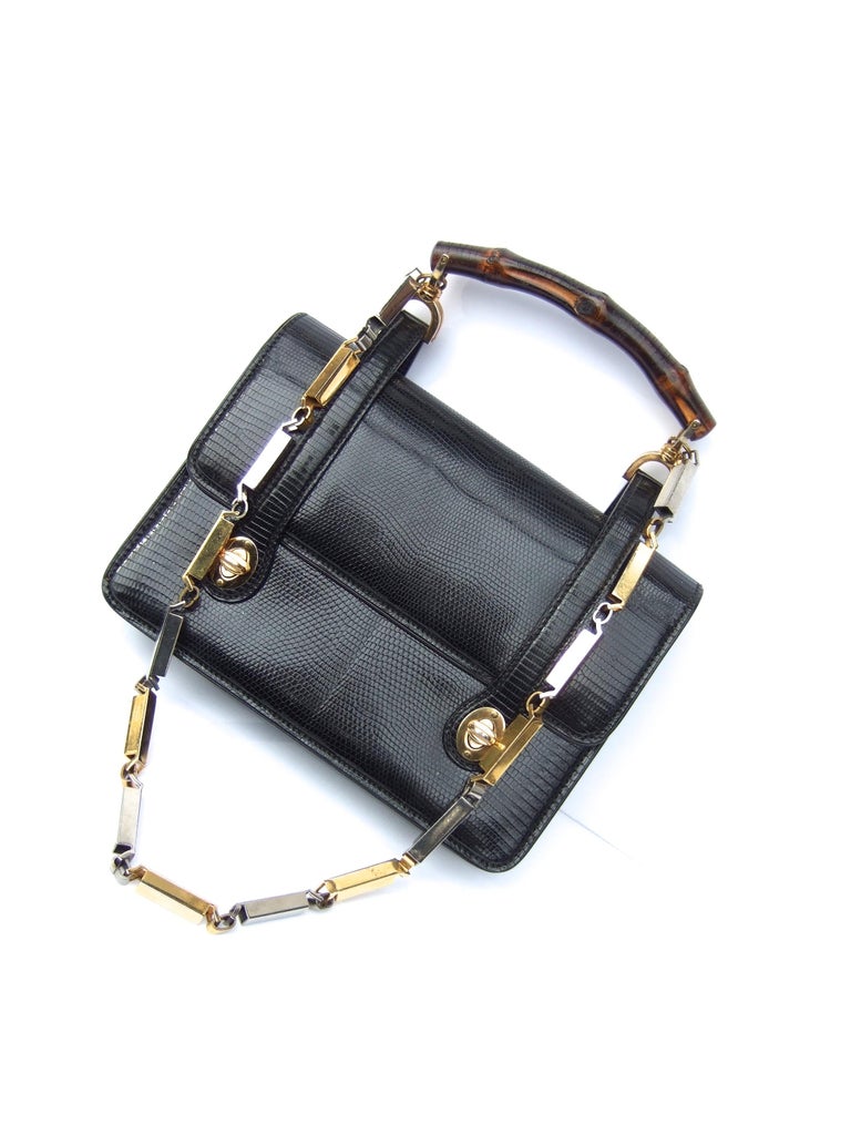 Rare Gucci Italian Black Lizard Leather Handbag - Shoulder Bag c 1970s For Sale 3