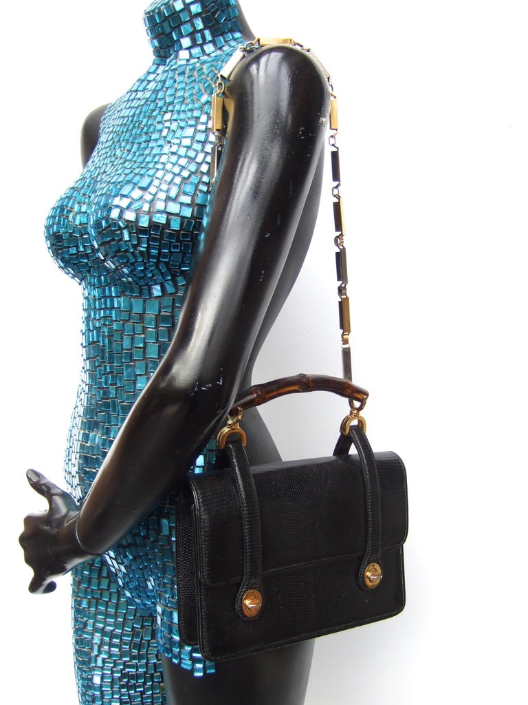 Rare Gucci Italian Black Lizard Leather Handbag - Shoulder Bag c 1970s For Sale 4