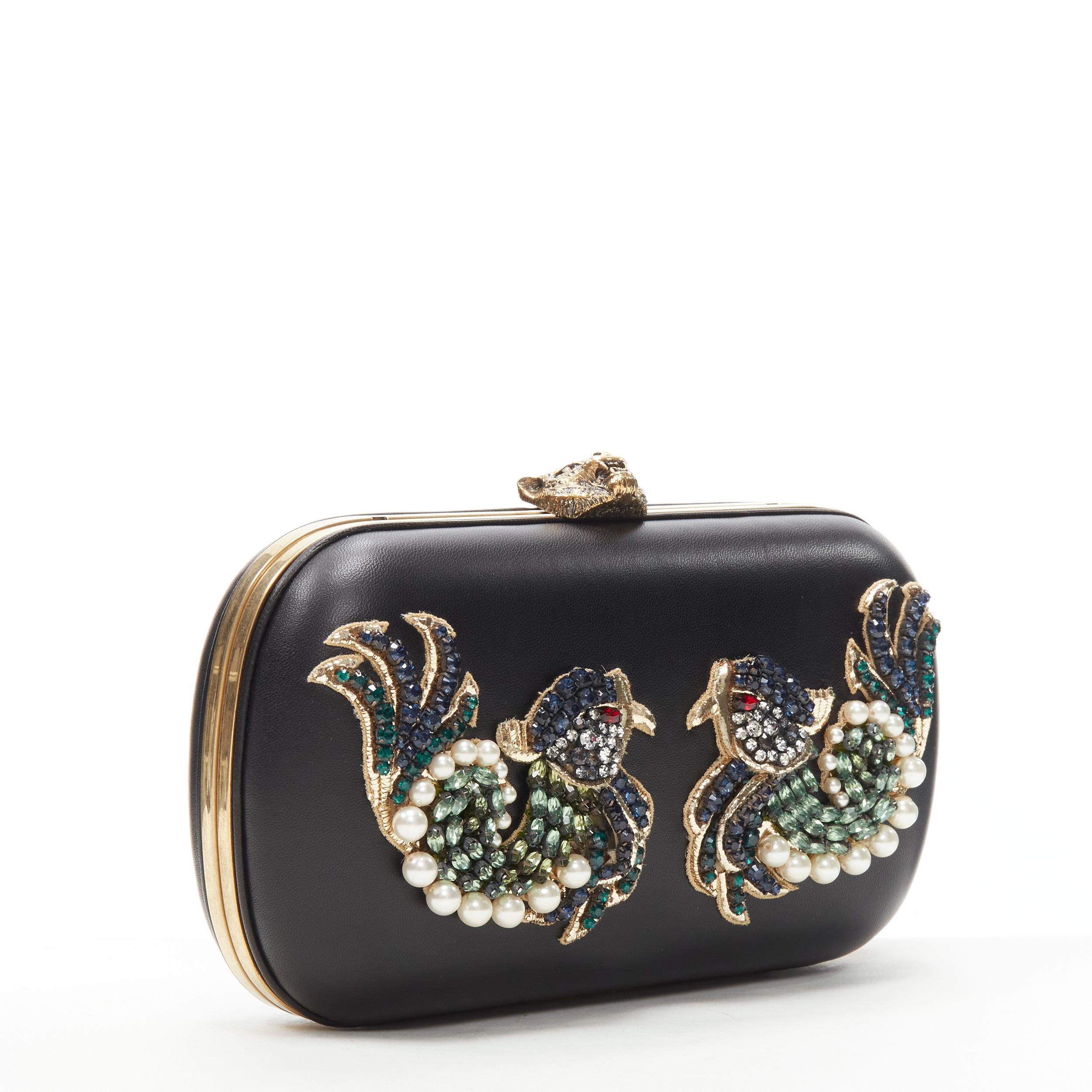 Black rare GUCCI Limited Edition black Double Swallow crystal pearl embellished clutch For Sale