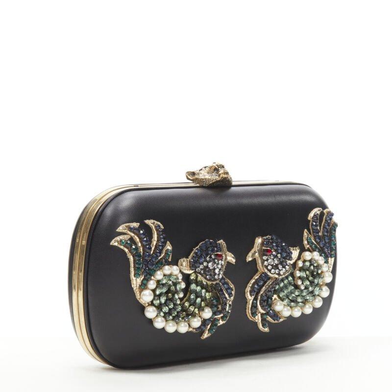 Black rare GUCCI Limited Edition black Double Swallow crystal pearl embellished clutch