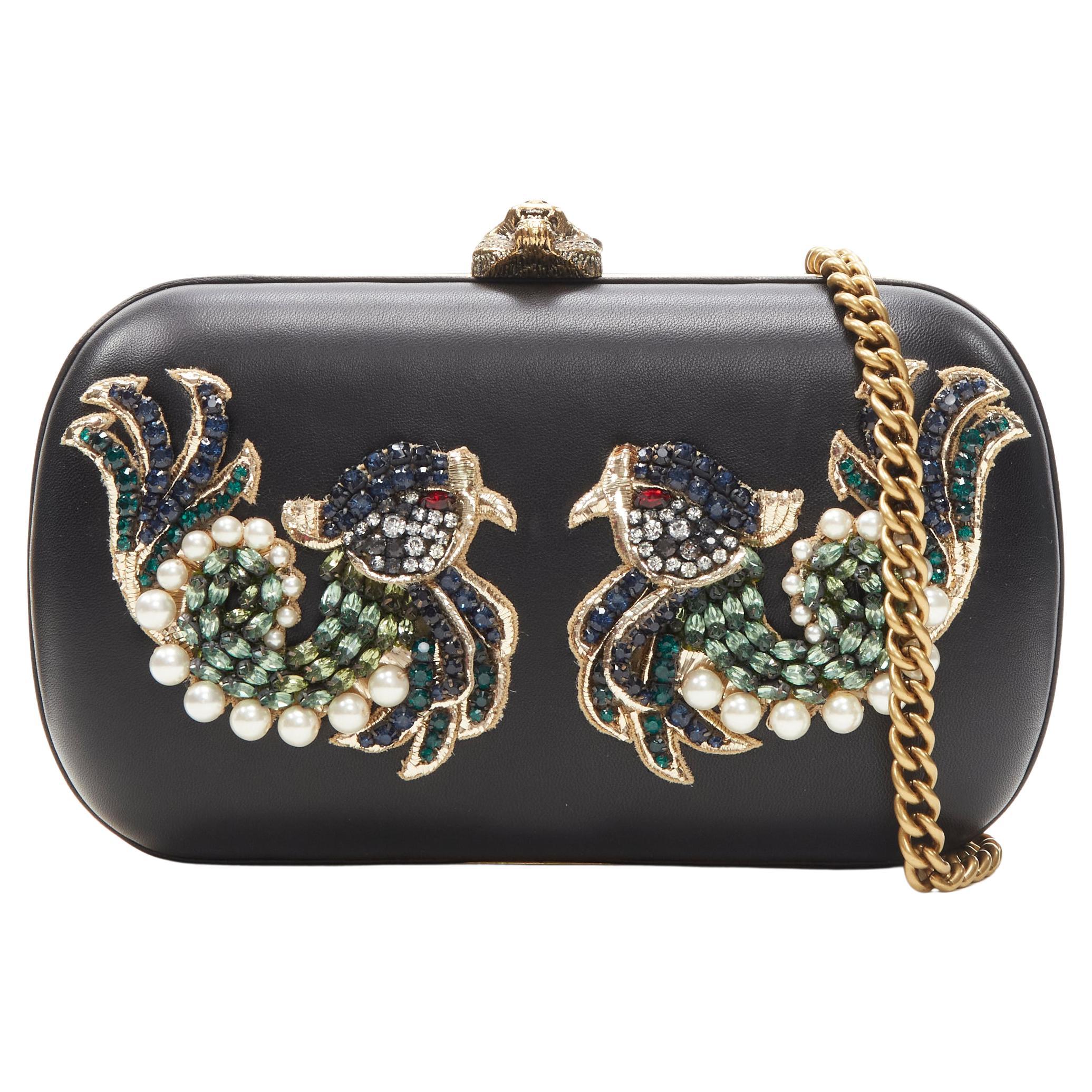 rare GUCCI Limited Edition black Double Swallow crystal pearl embellished clutch For Sale