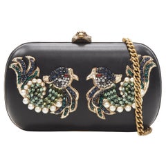 Used rare GUCCI Limited Edition black Double Swallow crystal pearl embellished clutch