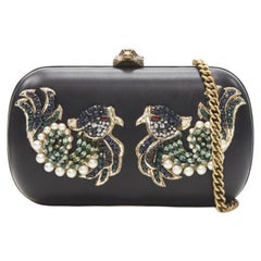 rare GUCCI Limited Edition black Double Swallow crystal pearl embellished clutch
