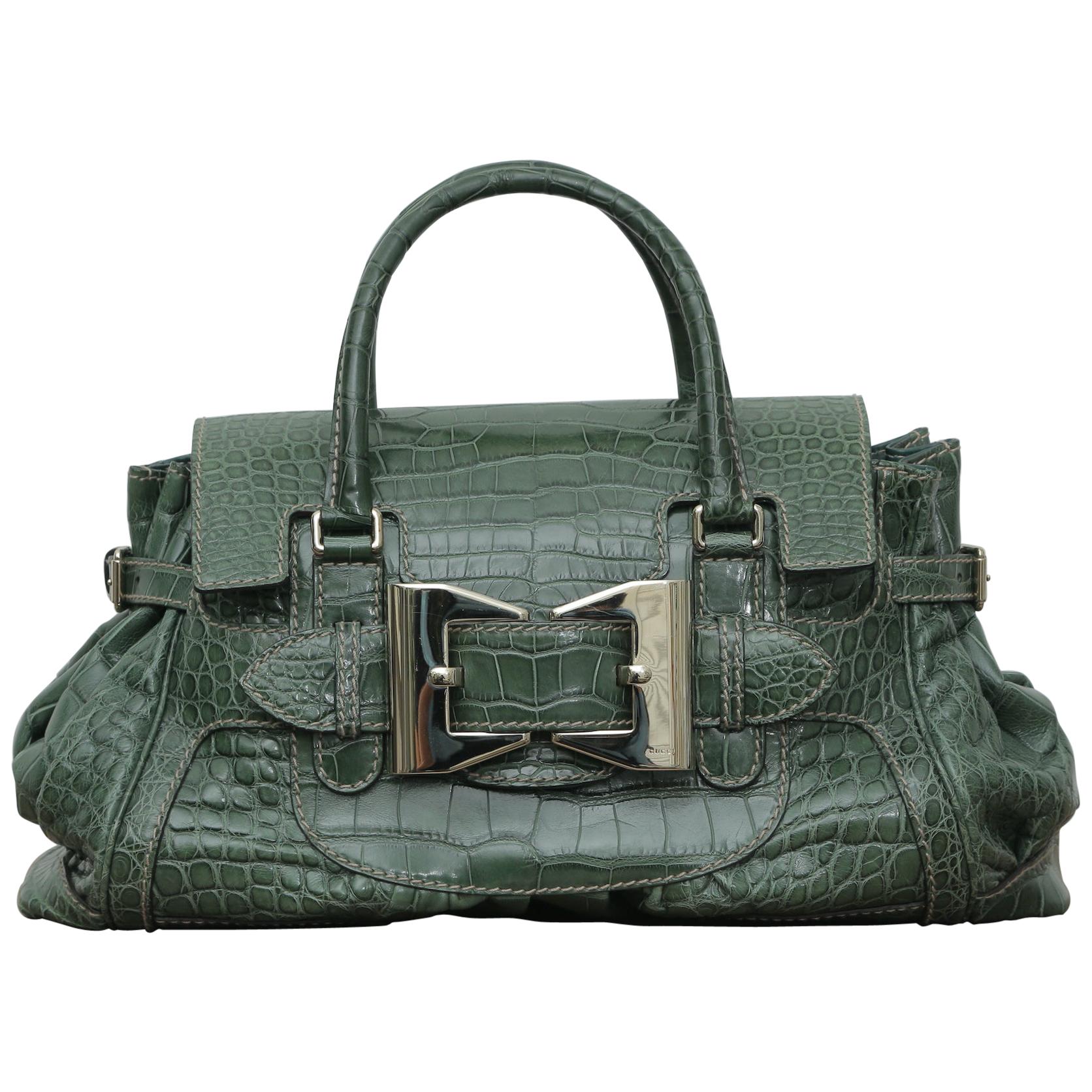  Rare Gucci Limited Edition Green Crocodile Skin Leather Weekend/Travel Bag For Sale