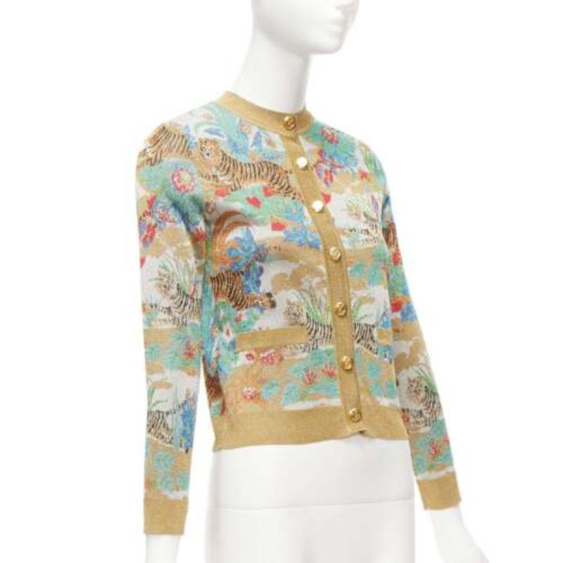 rare GUCCI Limited oriental tiger metallic gold lurex GG button cardigan XXS In Excellent Condition For Sale In Hong Kong, NT