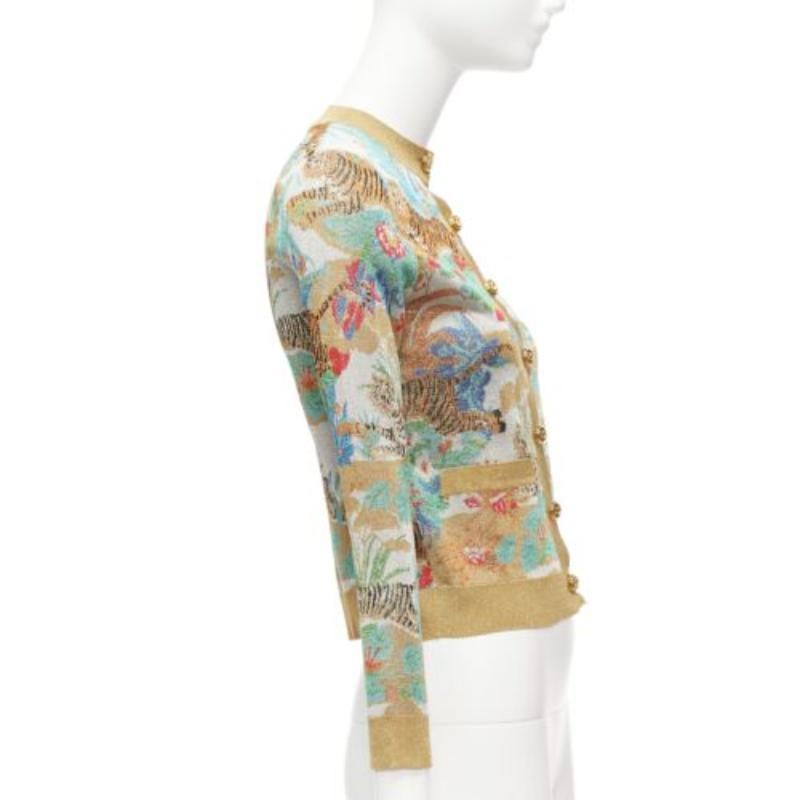 Women's rare GUCCI Limited oriental tiger metallic gold lurex GG button cardigan XXS For Sale