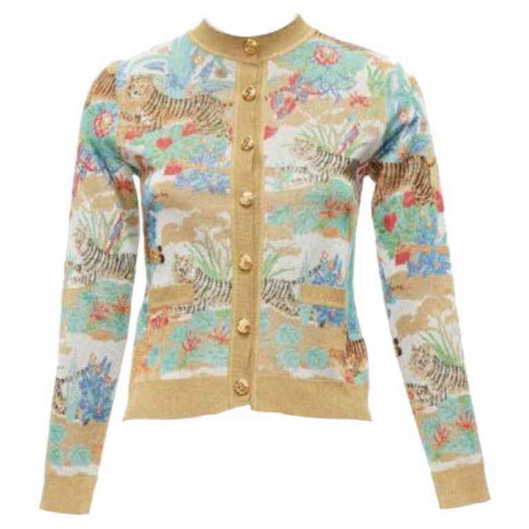 Seltene seltene GUCCI Limited orientalische Tiger Metallic Gold Lurex GG Knopfleiste Strickjacke XXS im Angebot