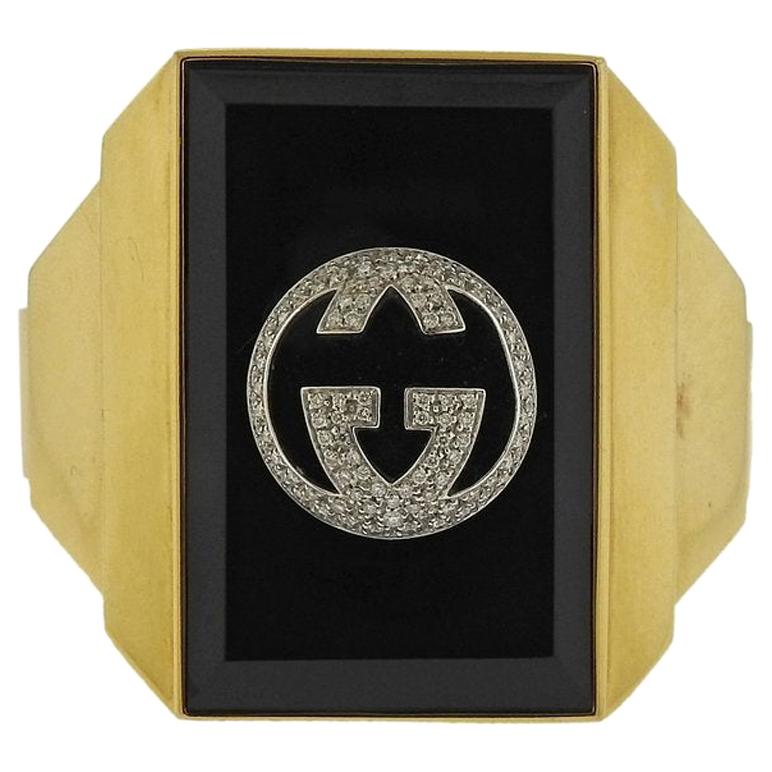 Rare Gucci Onyx Diamond Gold Cuff Bracelet For Sale