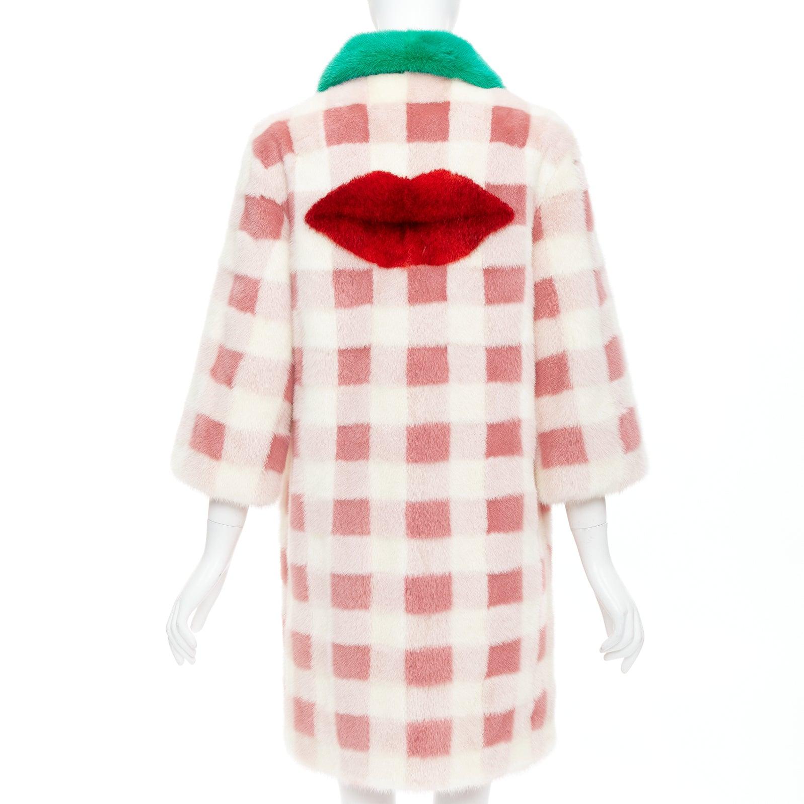 White rare GUCCI pink cream checkered dye mink fur green collar long coat IT38 XS
