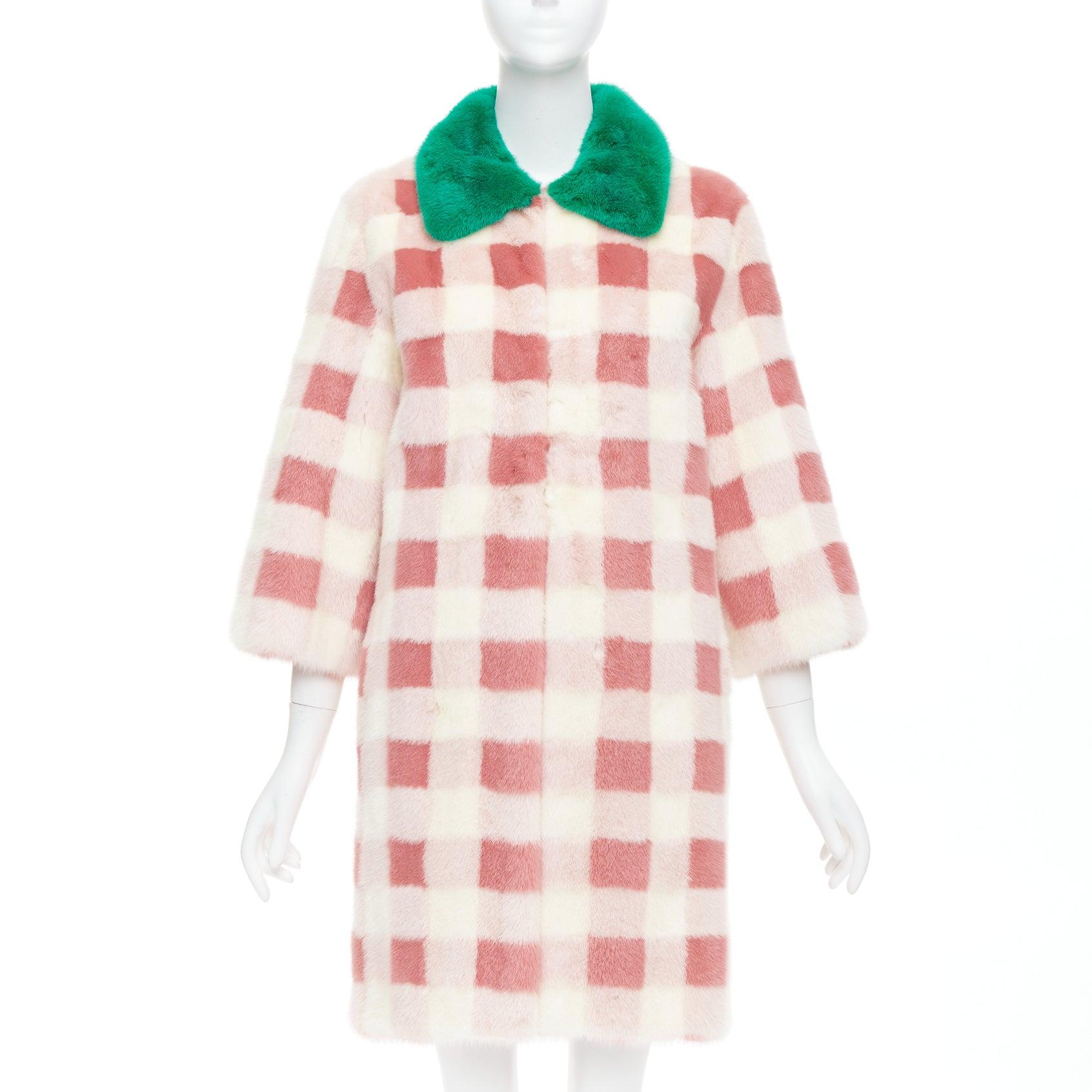 rare GUCCI pink cream checkered dye mink fur green collar long coat IT38 XS In Good Condition In Hong Kong, NT