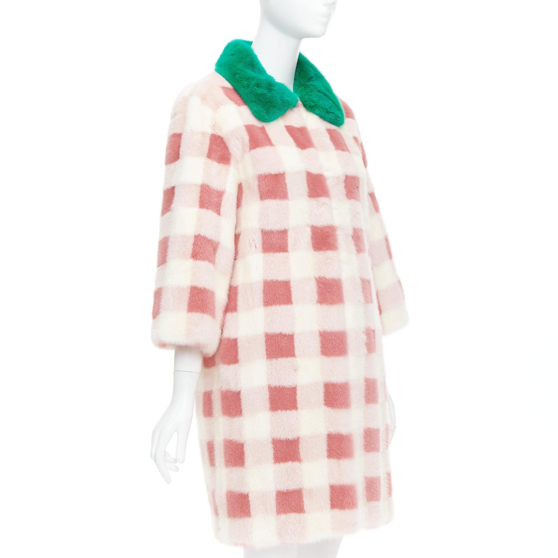 Women's rare GUCCI pink cream checkered dye mink fur green collar long coat IT38 XS