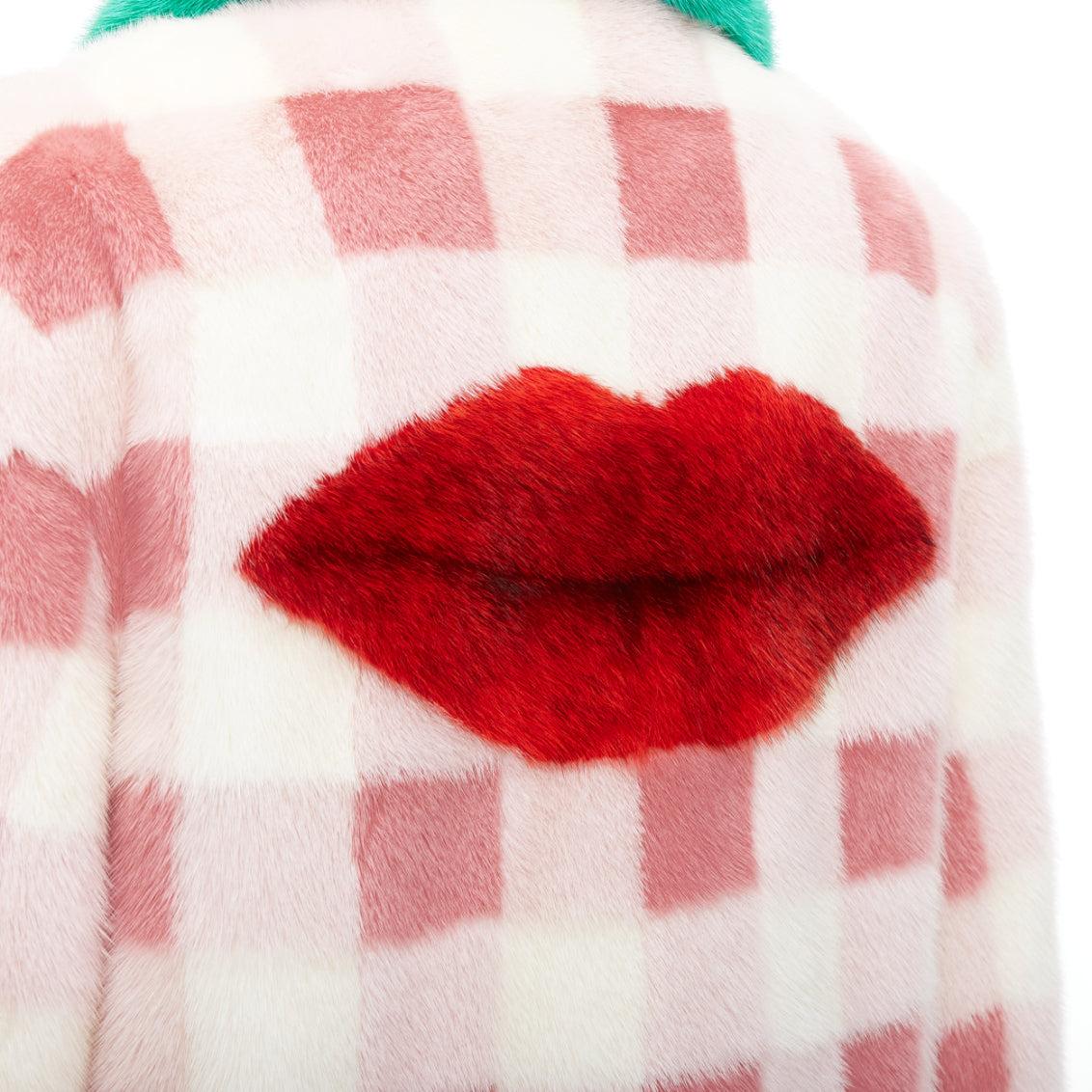 rare GUCCI pink cream checkered dye mink fur green collar long coat IT38 XS 3