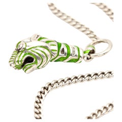 RARE GUCCI Sterling Green Enamel Tiger Head Pendant Long Necklace