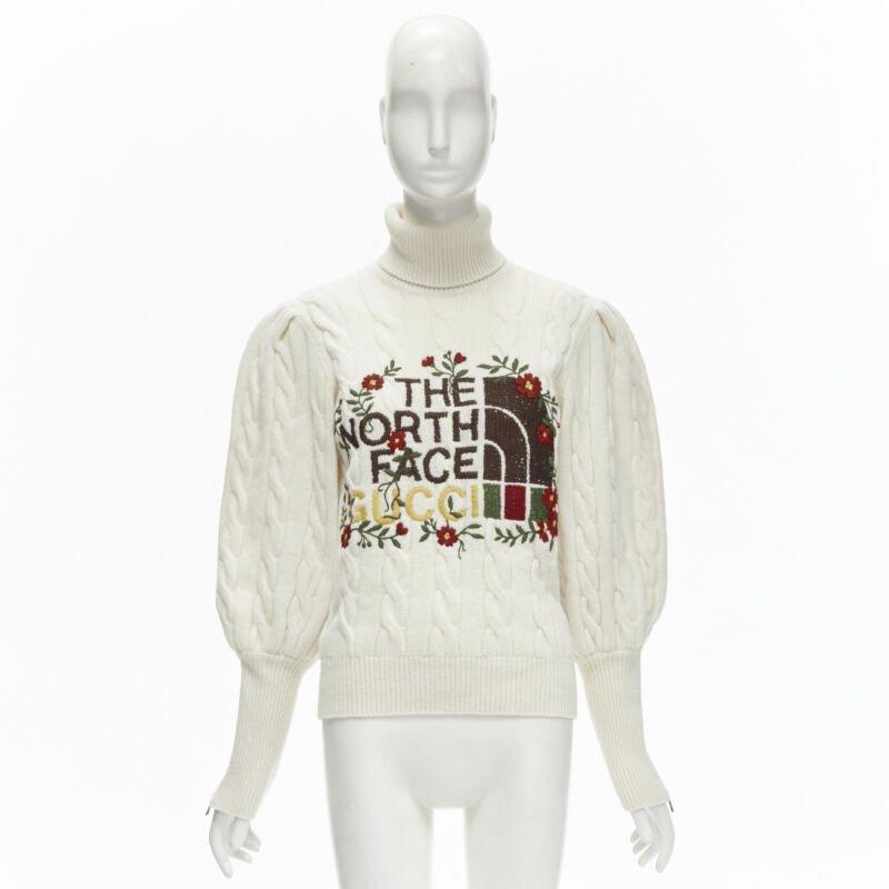 rare GUCCI THE NORTH FACE wool floral logo embroidery cable knit turtleneck XS For Sale 5