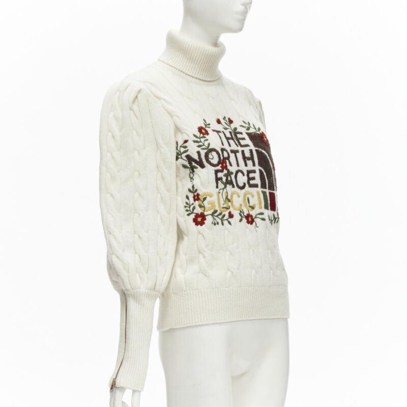 Gray rare GUCCI THE NORTH FACE wool floral logo embroidery cable knit turtleneck XS For Sale