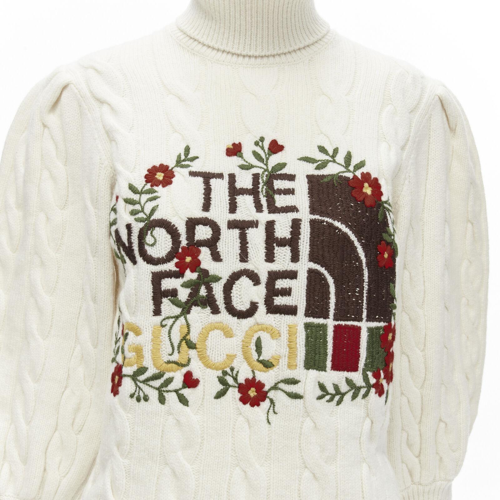 rare GUCCI THE NORTH FACE wool floral logo embroidery cable knit turtleneck XS For Sale 2
