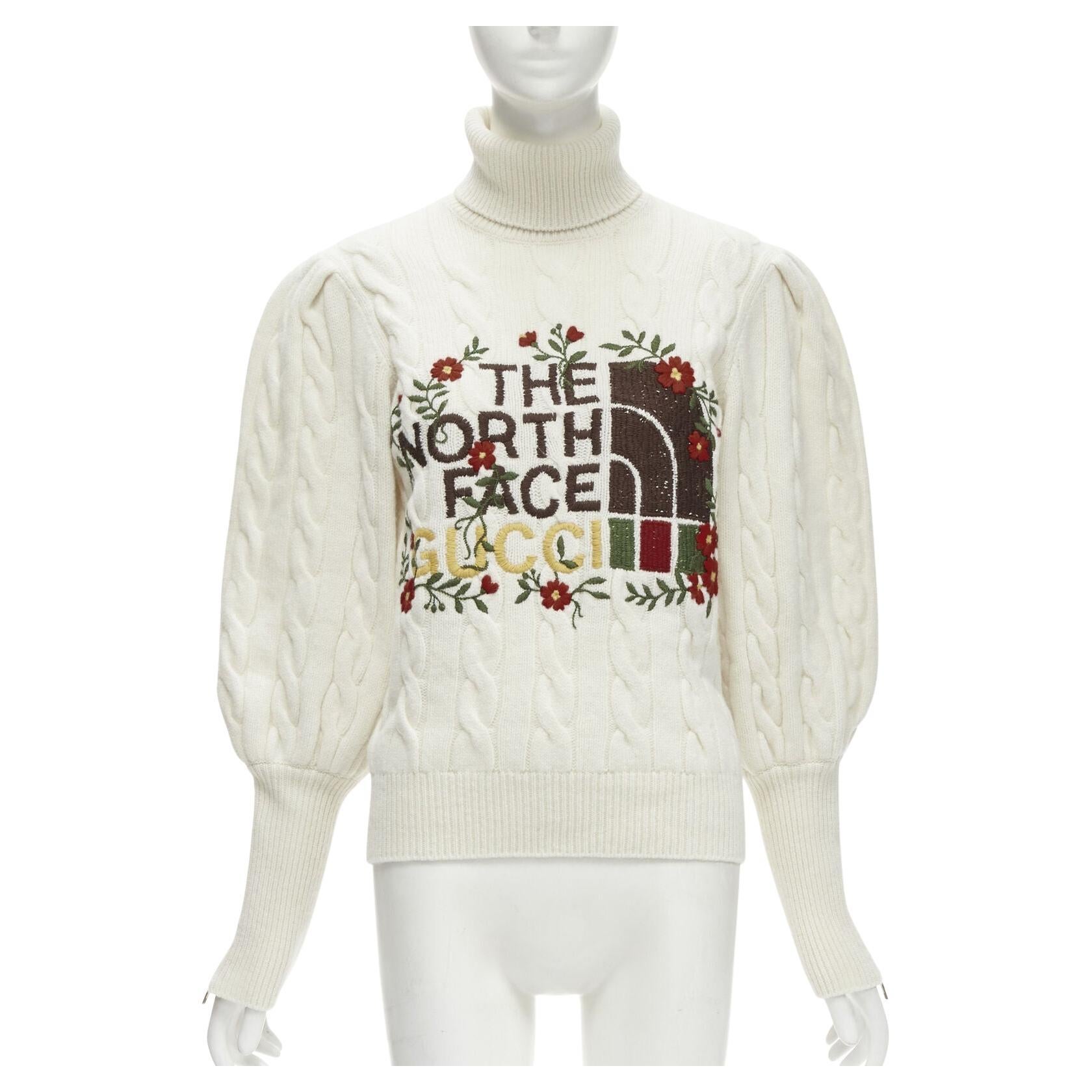 rare GUCCI THE NORTH FACE wool floral logo embroidery cable knit turtleneck XS For Sale