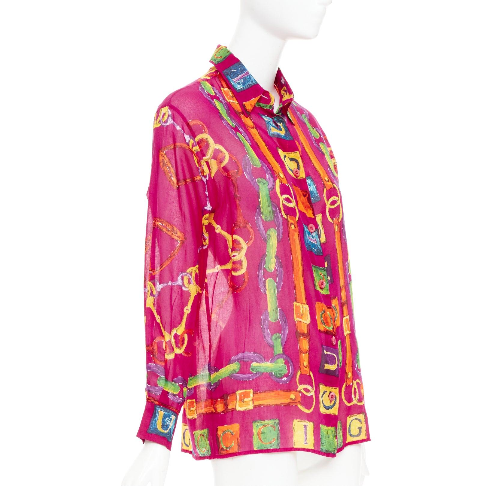 Rose rare GUCCI Tom Ford 1996 Vintage Gold GG chain belt print cotton shirt IT38 XS en vente