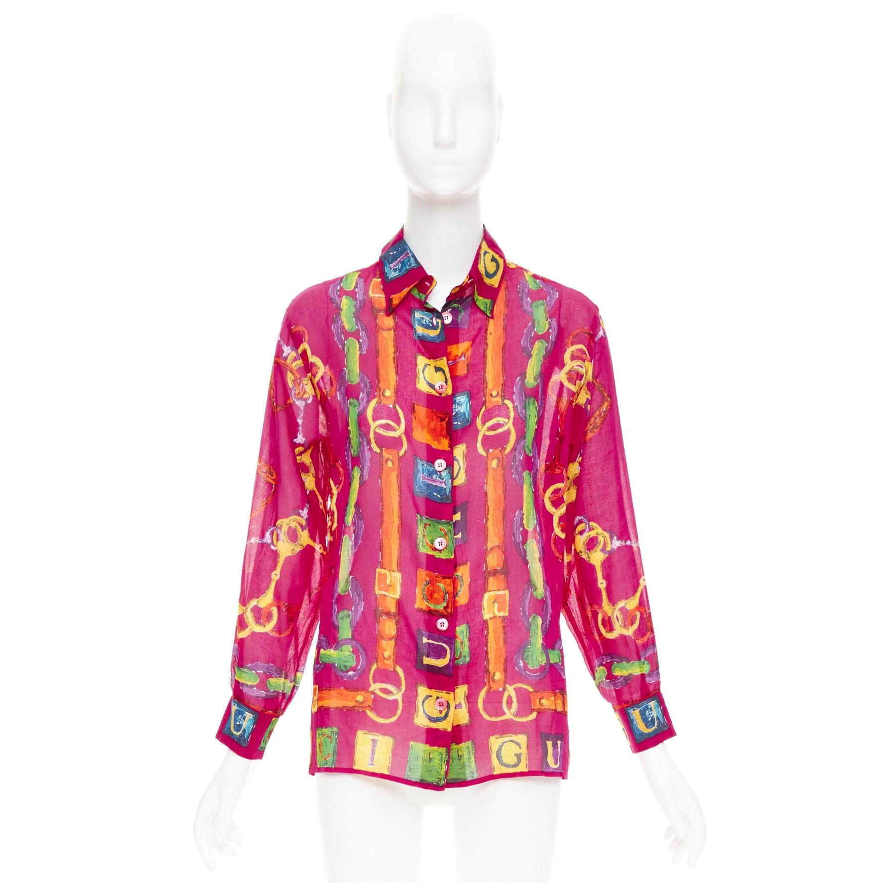 rare GUCCI Tom Ford 1996 Vintage Gold GG chain belt print cotton shirt IT38 XS en vente 4