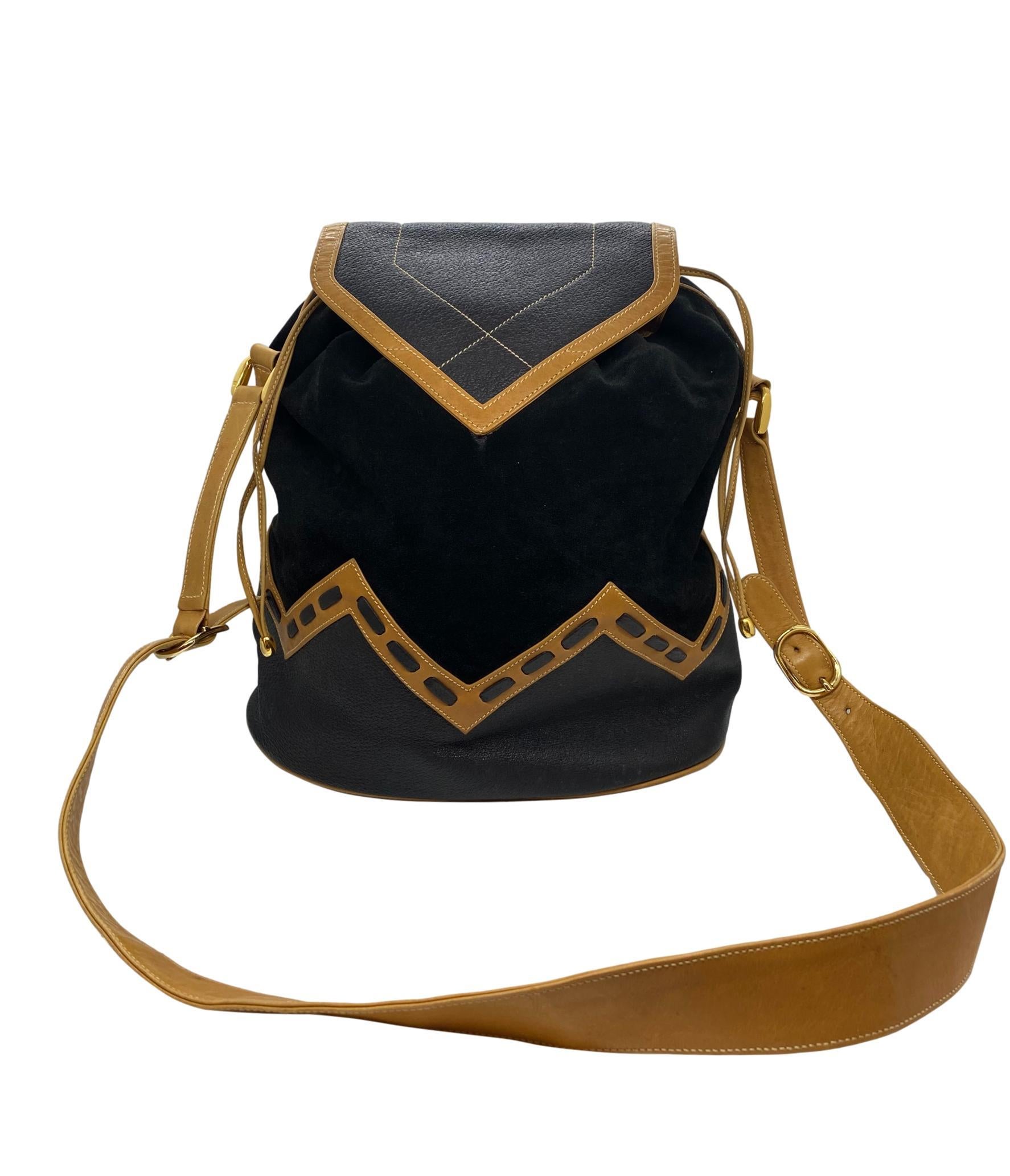 Rare Gucci Tri-Color Diamante Line Leather and Suede Drawstring Bucket Bag, 1980. First introduced in the early 1950's by the iconic fashion house, the bucket bag debuted as the 
