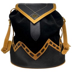 Retro Rare Gucci Tri-Color Diamante Line Leather and Suede Drawstring Bucket Bag, 1980