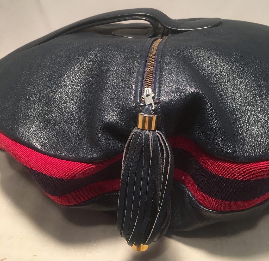 Women's Rare Gucci Vintage Navy Leather Striped Canvas Shoulder Bag