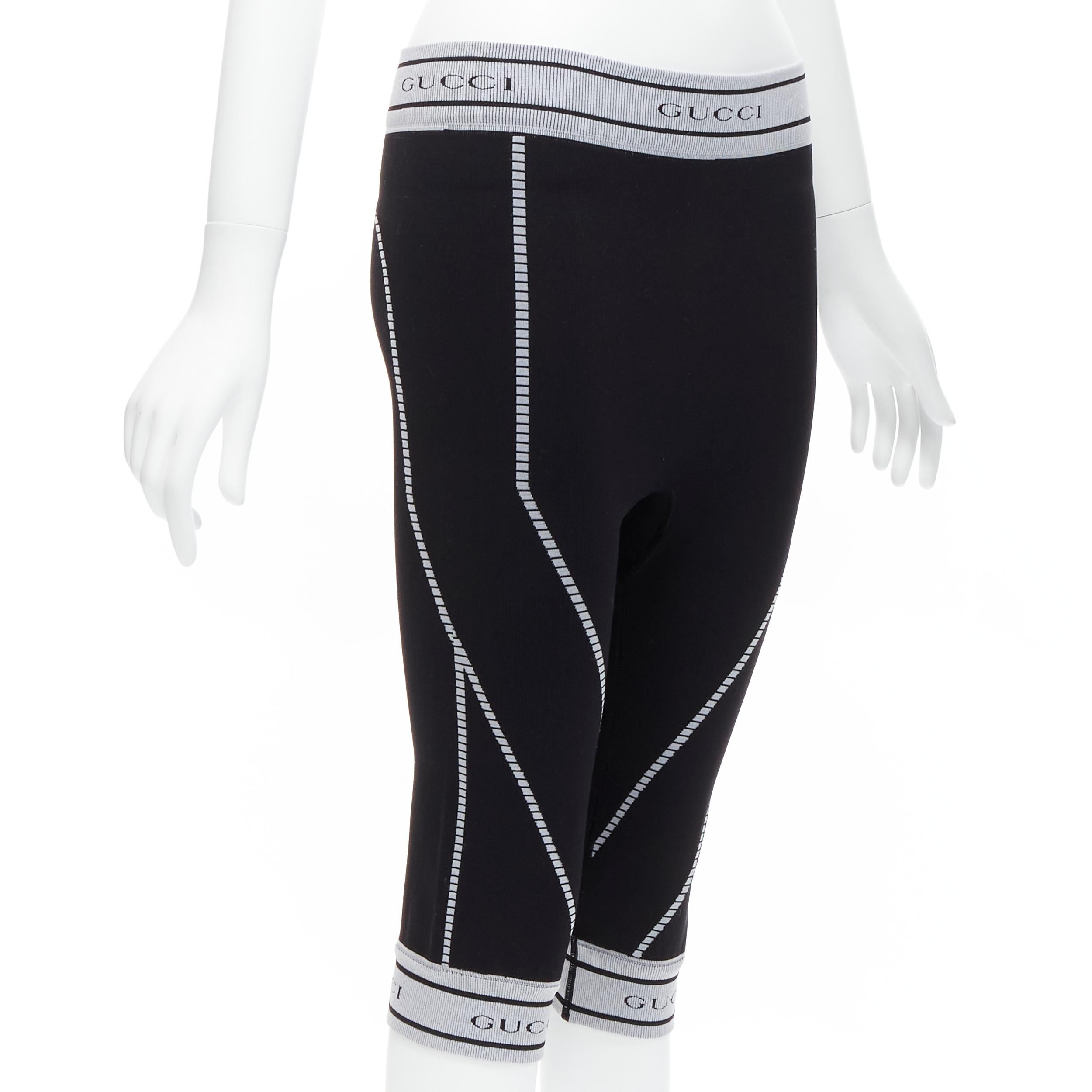 Black rare GUCCI Vintage Tom Ford grey GG logo ribbed contour seam biker leggings S For Sale