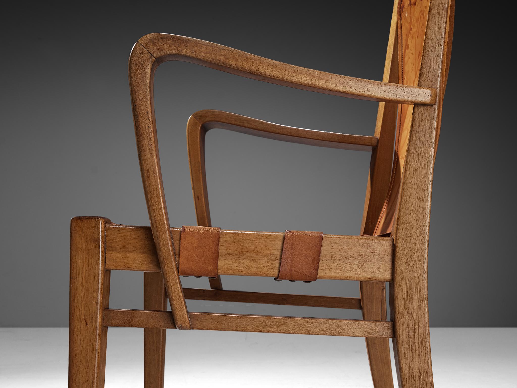 Italian Rare Guglielmo Pecorini Armchair in Walnut and Cognac Leather