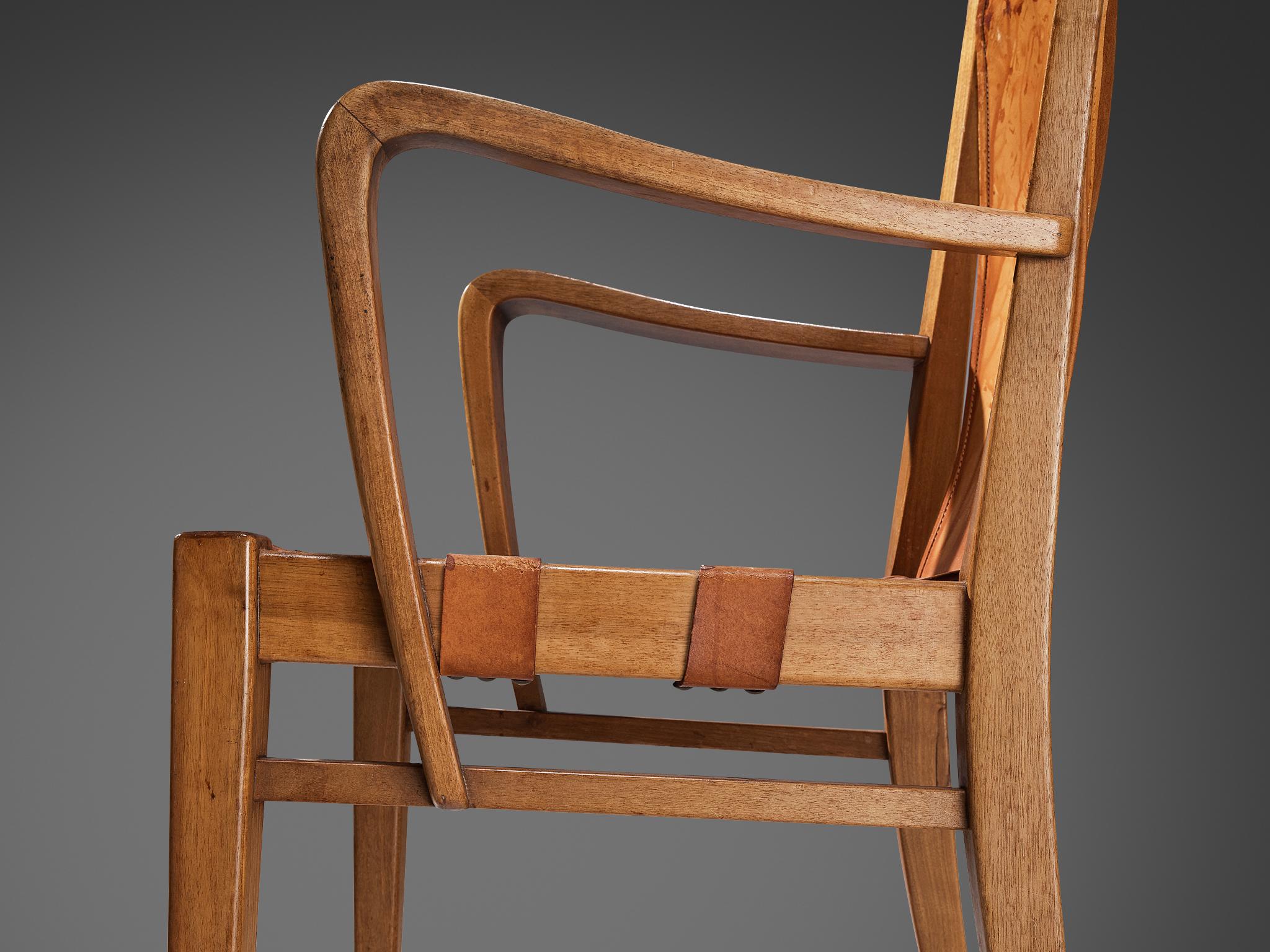 Rare Guglielmo Pecorini Pair of Chairs in Walnut and Cognac Leather 3