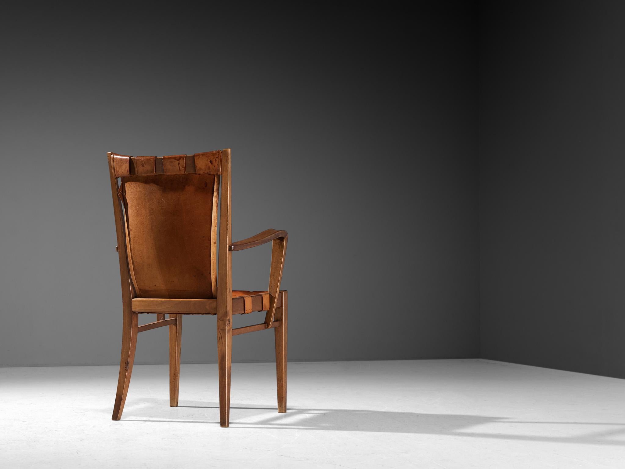 Rare Guglielmo Pecorini Pair of Chairs in Walnut and Cognac Leather 4