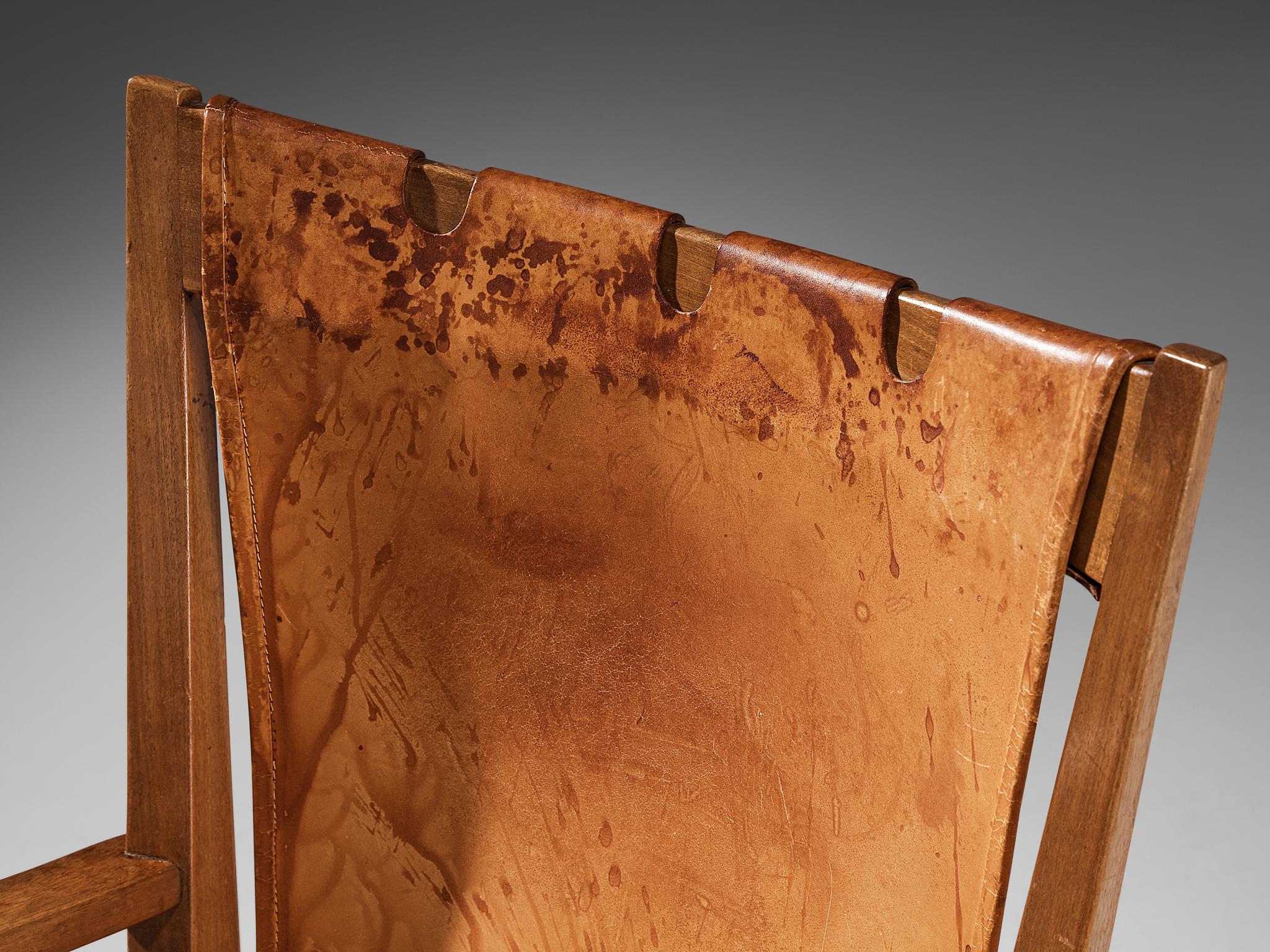 Mid-Century Modern Rare Guglielmo Pecorini Pair of Chairs in Walnut and Cognac Leather