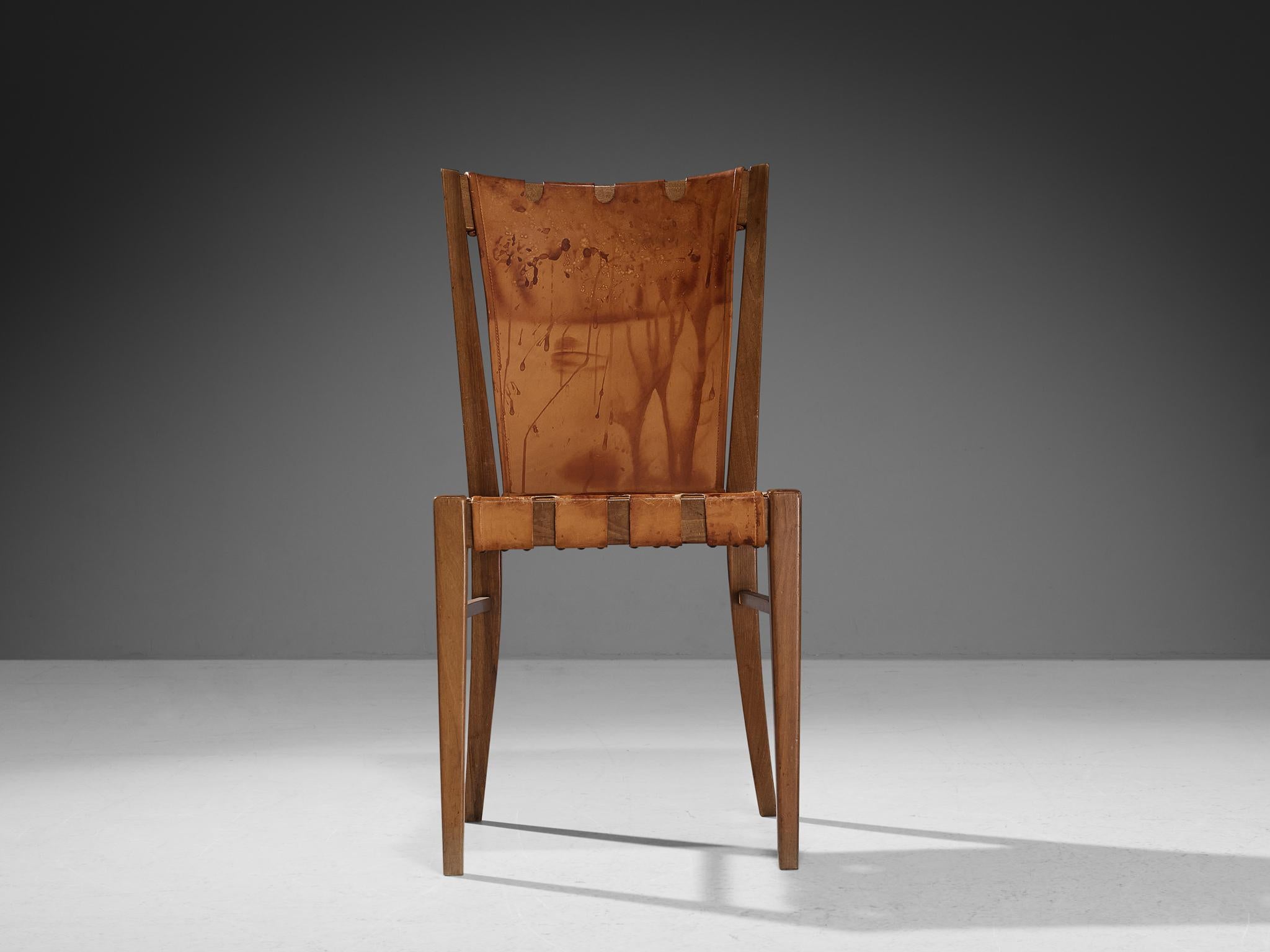 Art Deco Rare Guglielmo Pecorini Pair of Chairs in Walnut and Cognac Leather For Sale