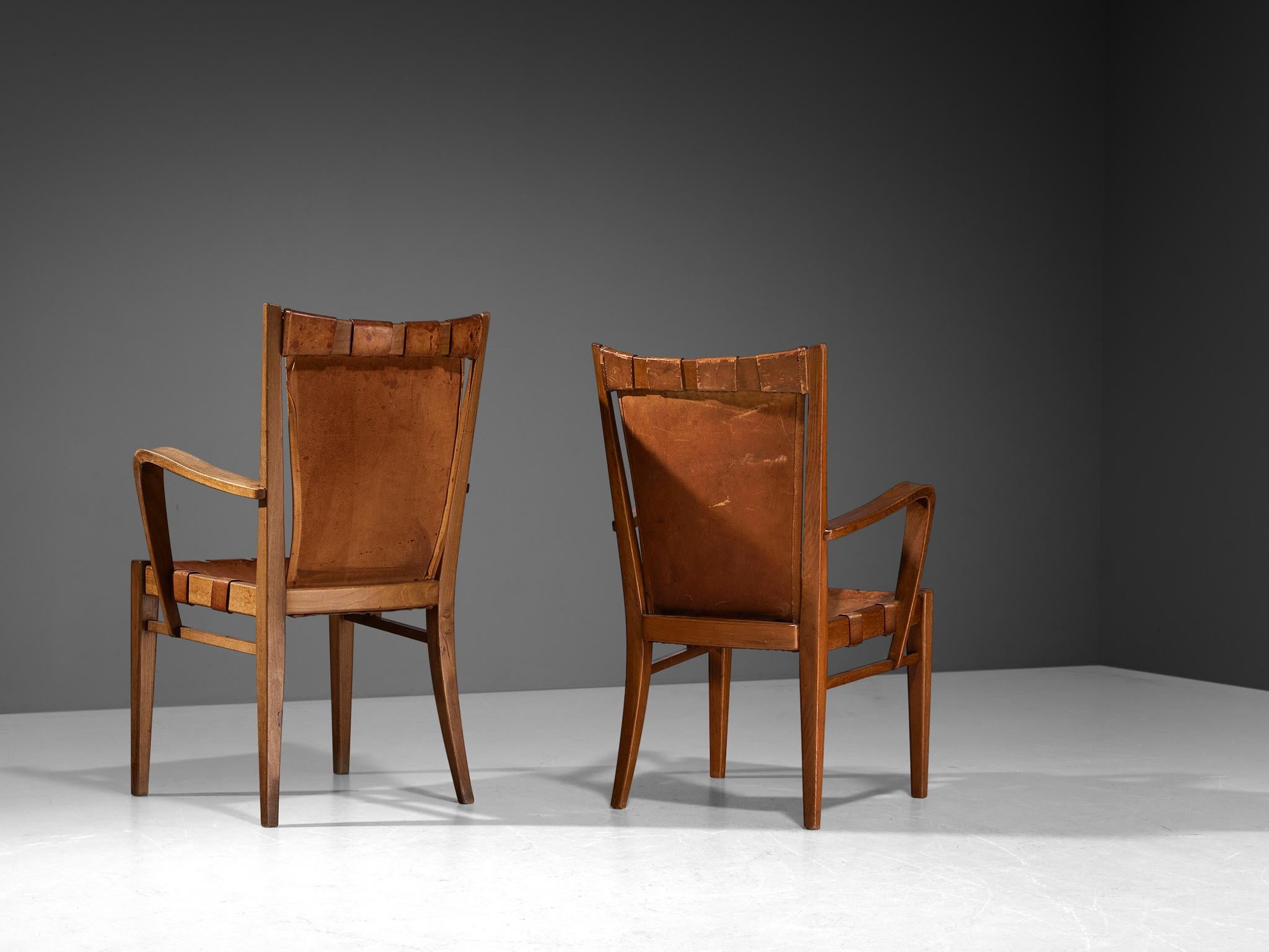 Italian Rare Guglielmo Pecorini Pair of Chairs in Walnut and Cognac Leather