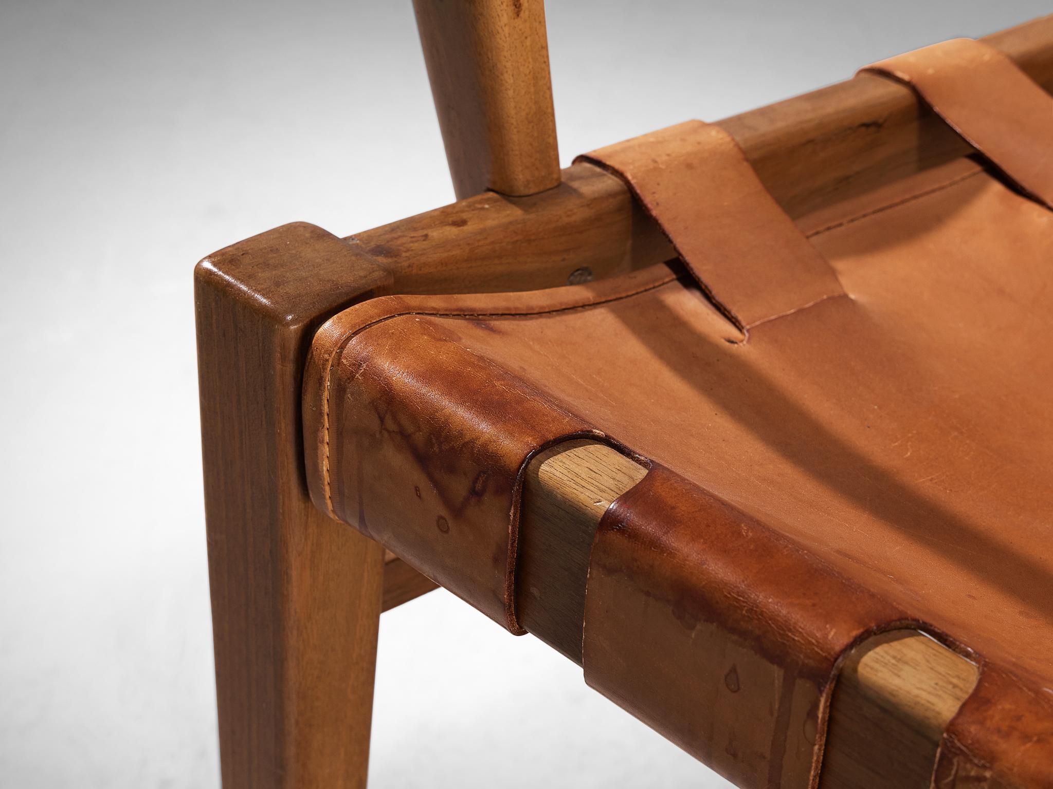 Mid-20th Century Rare Guglielmo Pecorini Pair of Chairs in Walnut and Cognac Leather