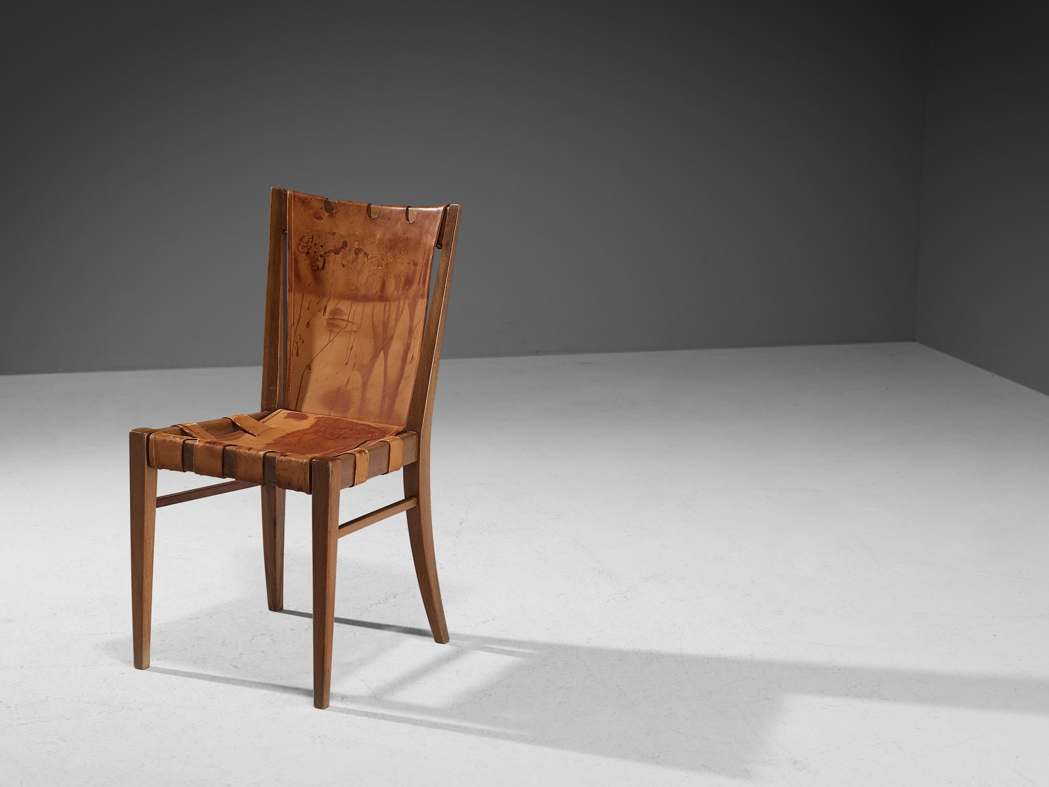 Mid-20th Century Rare Guglielmo Pecorini Pair of Chairs in Walnut and Cognac Leather For Sale