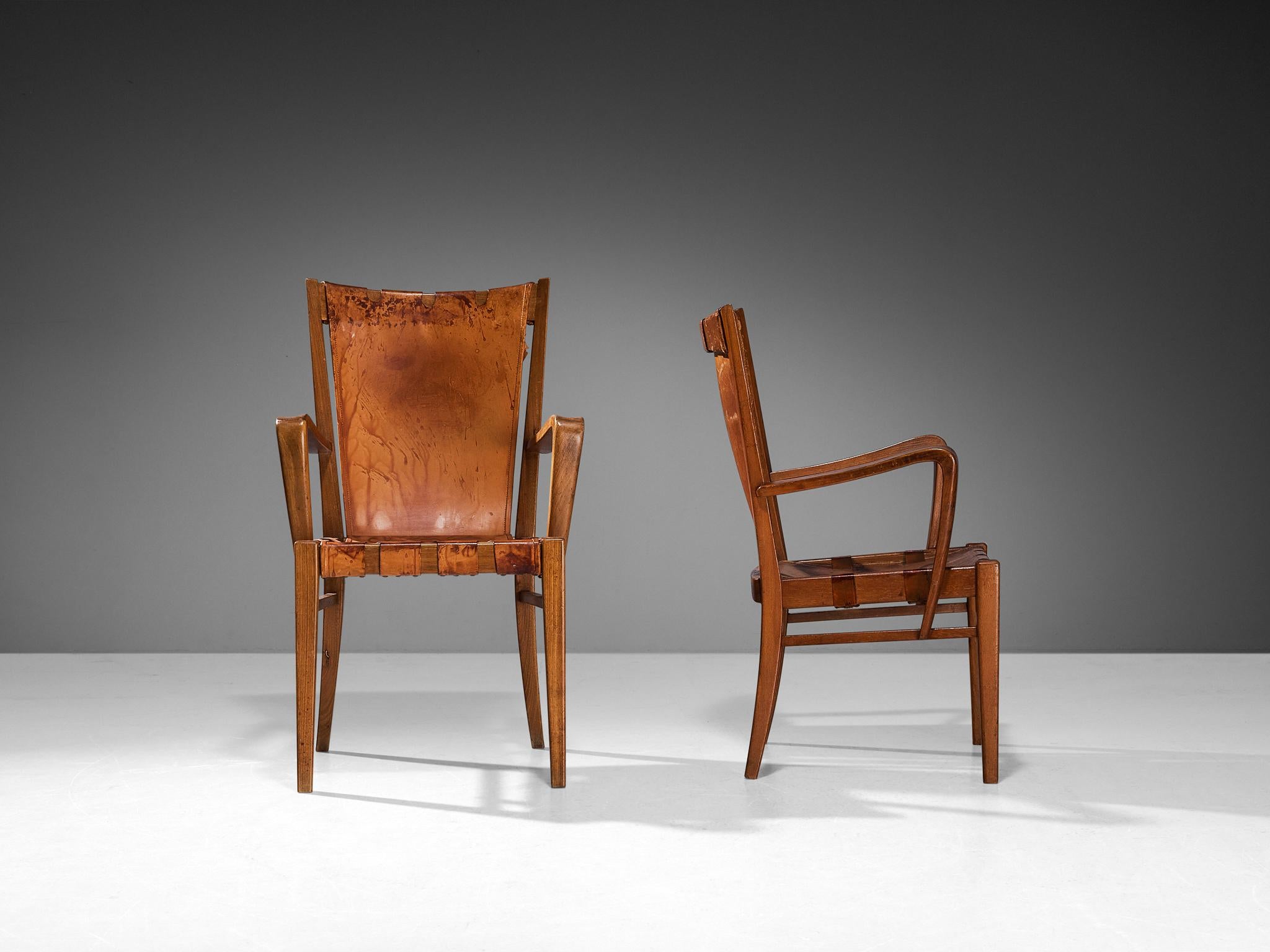 Brass Rare Guglielmo Pecorini Pair of Chairs in Walnut and Cognac Leather