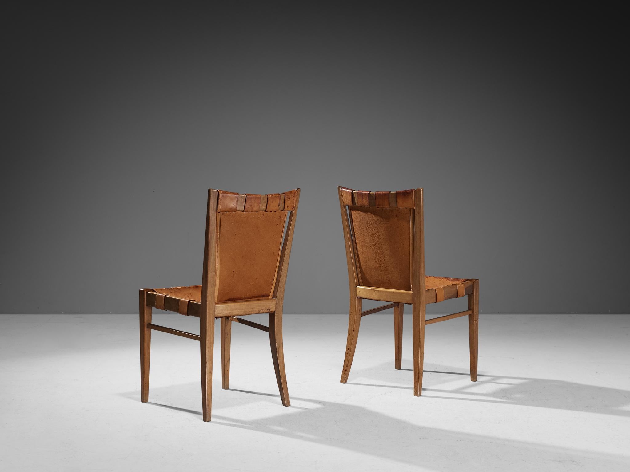 Rare Guglielmo Pecorini Pair of Chairs in Walnut and Cognac Leather For Sale 1